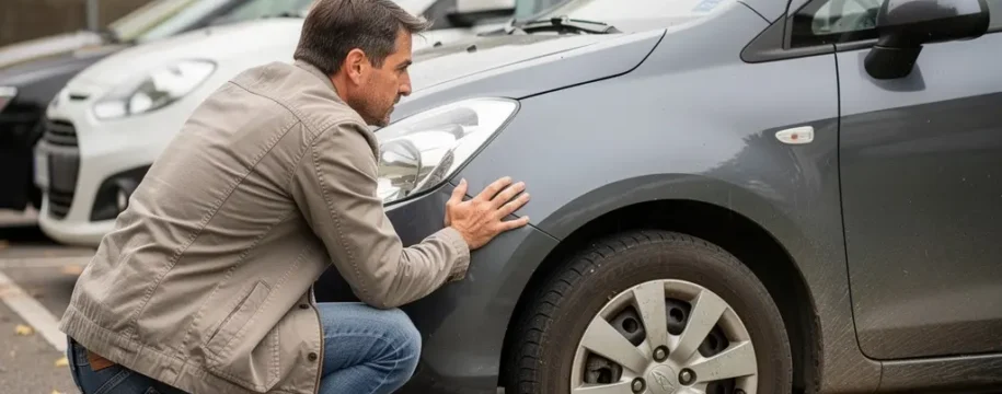 Acheteur inspectant le passage de roue d'une Audi A3 d'occasion dans un parking