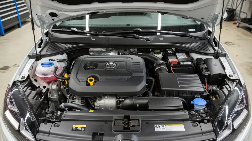 Compartiment moteur d'une Audi A3 avec capot ouvert pour inspection