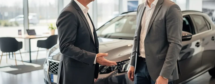 Conseiller automobile et client discutant devant un véhicule Peugeot dans un showroom moderne