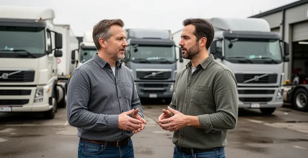 Propriétaire de flotte et mécanicien discutant devant des camions utilitaires dans un garage spécialisé