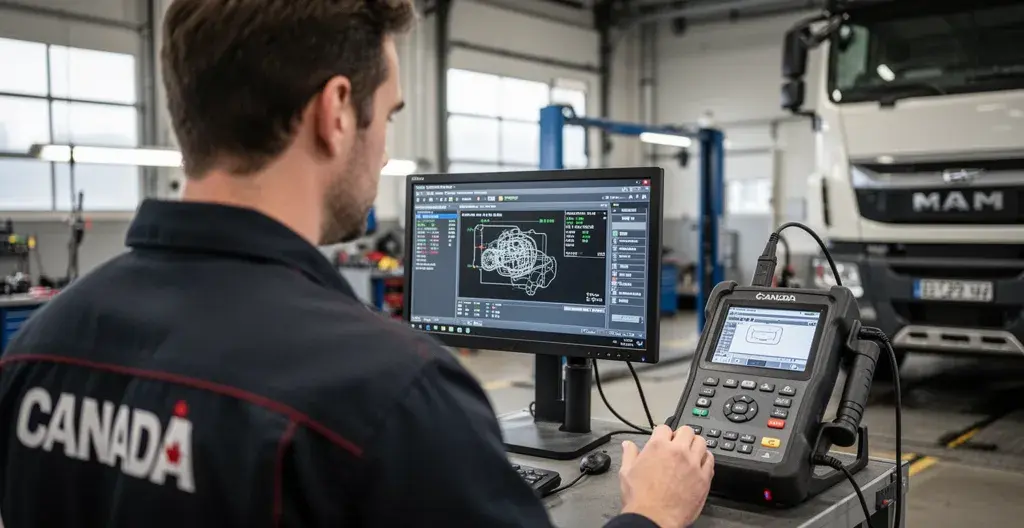 Technicien analysant données diagnostic moteur véhicule utilitaire sur écran professionnel