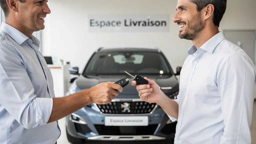 Client recevant les clés de son nouveau véhicule Peugeot dans l'espace livraison de la concession