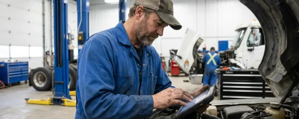 Mécanicien spécialisé véhicules utilitaires consultant tablette diagnostic près d'un camion lourd dans un atelier professionnel