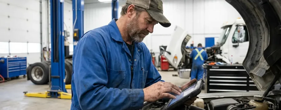 Mécanicien spécialisé véhicules utilitaires consultant tablette diagnostic près d'un camion lourd dans un atelier professionnel