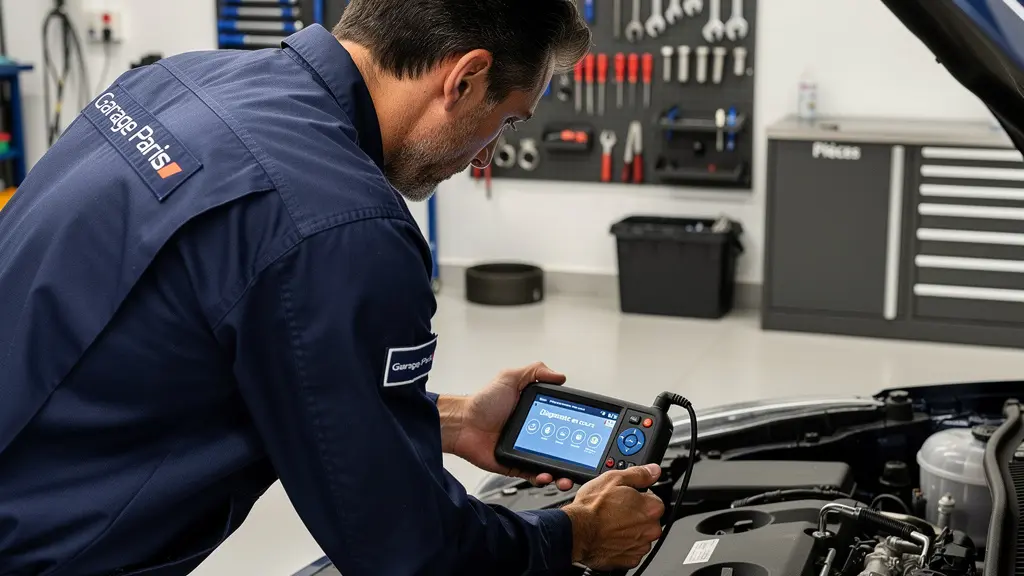 Technicien automobile effectuant un diagnostic moteur dans l'atelier d'une concession Peugeot