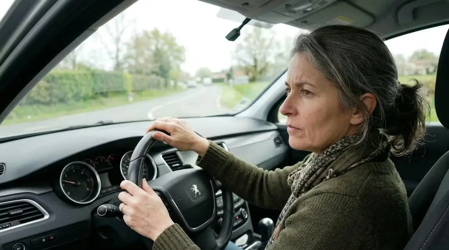 Conductrice concentrée au volant lors d'un essai véhicule en journée portes ouvertes