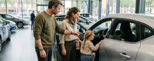 Famille observant l'intérieur d'un SUV lors de portes ouvertes concession automobile Béziers