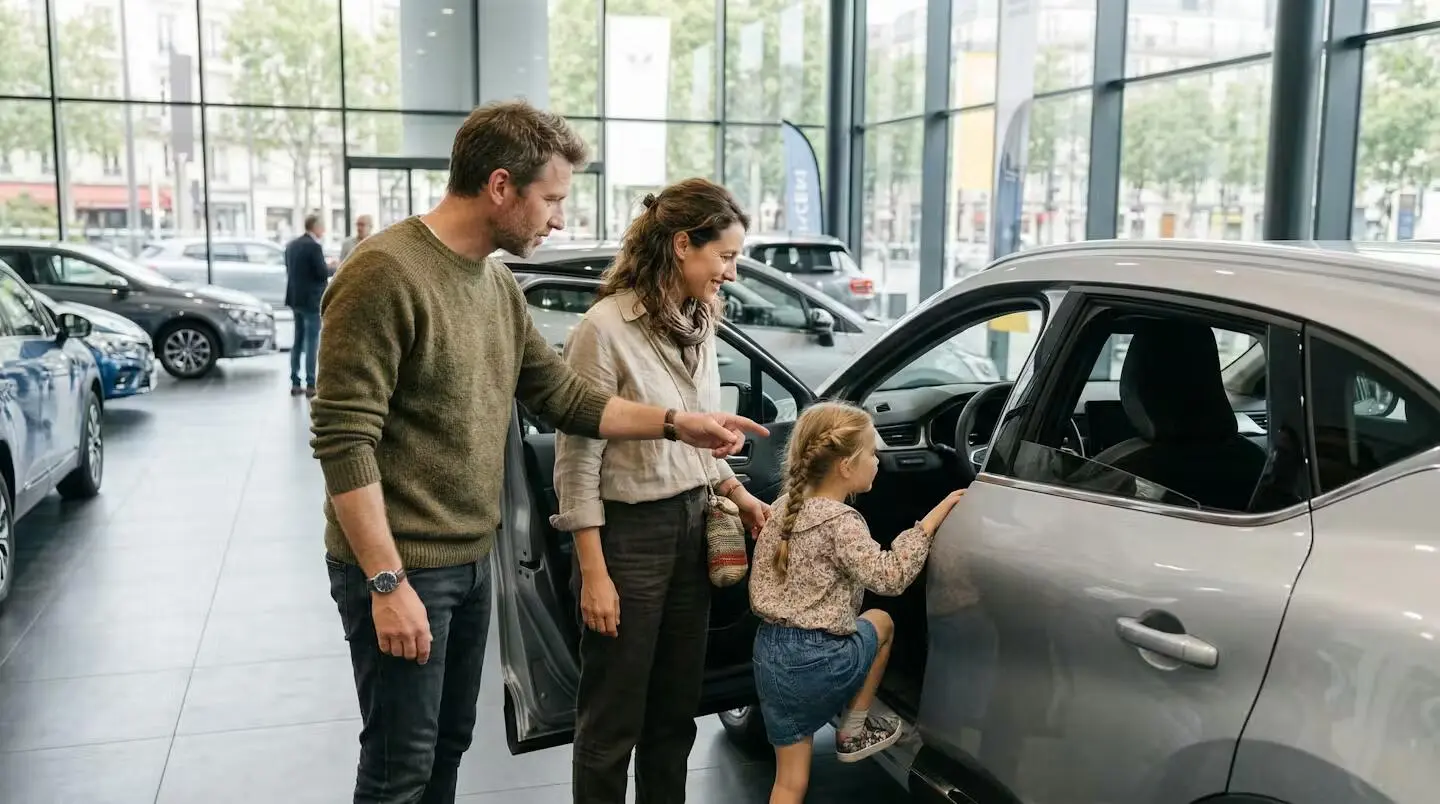 Famille observant l'intérieur d'un SUV lors de portes ouvertes concession automobile Béziers