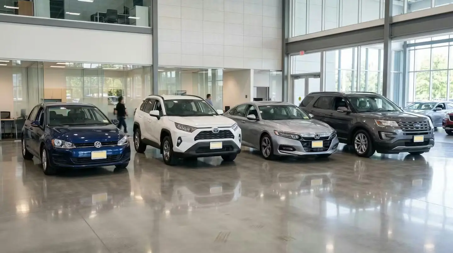 Rangée de véhicules différents côte à côte en showroom pour comparaison portes ouvertes