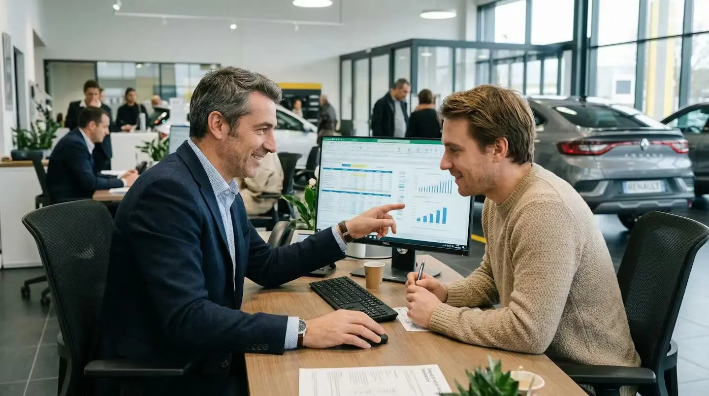 Conseiller et client en discussion de simulation financement automobile