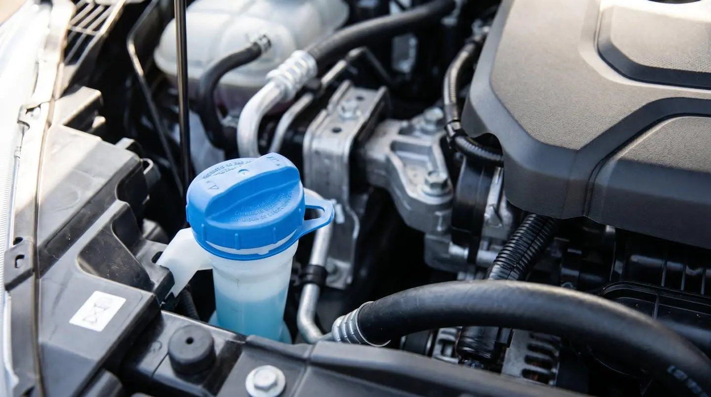Bouchon de remplissage AdBlue bleu dans un compartiment moteur diesel moderne, détails techniques nets